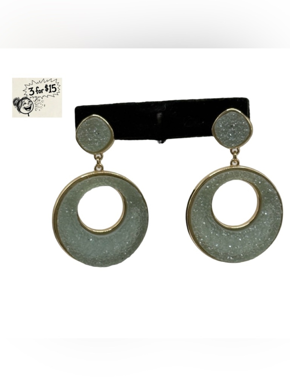 2" Gold-Trim Mint Green Druzy Hoop Drop Earrings